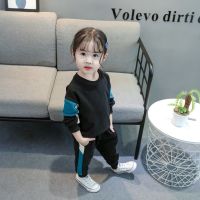 女童卫衣套装2021新款春装韩版儿童休闲洋气两件套女宝宝运动装潮 黑色 (撞色运动套装) 80 建议穿身高80CM左右