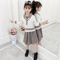 女童秋装套装2019韩版洋气中大童时髦毛衣儿童装春秋公主两件套裙 米白色 110
