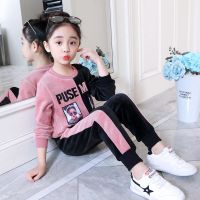 女童金丝绒套装2021新款4儿童5秋冬装6加绒7时髦8加厚9两件套10岁 粉色 110码适合100cm左右身高