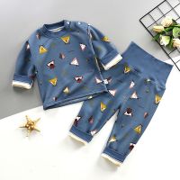 婴儿保暖套装秋冬女高腰加厚装 0-1-2-3岁男宝宝加绒护肚内衣睡衣 藏青色 小田鼠 73(14-18斤)