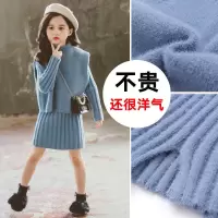 女童毛衣套装女孩秋冬2020韩版中大童水貂绒女童毛衣裙韩版两件套 蓝色毛衣两件套 110 偏小一码 比身高拍大一码