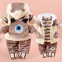 男童女宝宝冬装加绒加厚卫衣棉衣三件套装保暖外出棉服0-1-234岁 闪电咖啡夹棉 3件套 70