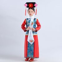 儿童古装清朝格格服装宫廷宫女表演服女童满族公主影楼摄影演出服 湖蓝色 格格服 90