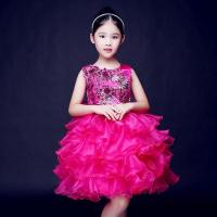 女孩舞蹈公主裙女童钢琴演出服主持人儿童婚纱裙花童蓬蓬纱晚礼服 玫红色 80