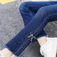 童装女裤子女童喇叭裤儿童加绒牛仔裤秋冬洋气10女孩加厚春季长裤 蓝色-钉珠喇叭裤 110