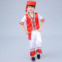 少数民族服装儿童男女舞蹈服云南苗族演出服竹竿舞瑶壮族彝族服饰 男款红色短袖 100