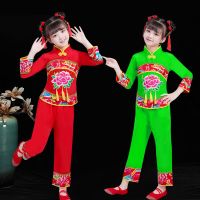 六一新款儿童演出服装女童喜庆民族舞秧歌舞表演服元旦幼儿舞蹈服 绿色 100
