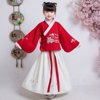儿童汉服女童中秋袄裙襦裙小孩中国风国学小学生元旦演出服装春秋 红色 120