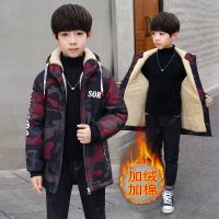 男童加厚加绒外套儿童中长款冬装迷彩加厚棉衣童装中大童保暖棉袄 红色【迷彩加绒加厚外套】 120 建议身高110-115c