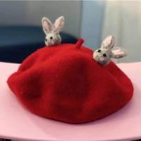儿童羊毛贝雷帽男女童春秋冬手工卡通画家帽蓓蕾帽子韩国风宝宝帽 手工小兔子 大红 普通款1-6岁头围46-52cm