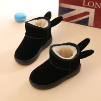 网红兔耳朵女童鞋子绒布面2020冬季新款加绒棉鞋雪地鞋儿童雪地靴 黑色 26码内长14cm