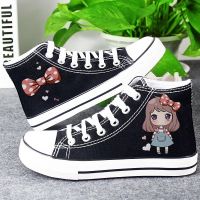 儿童高帮帆布鞋男女童荧光黑白布鞋童鞋小童平底休闲鞋学生球鞋子 高帮黑蝴蝶结女孩 26