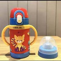 316不锈钢保温奶瓶吸管奶嘴2用宽口径宝宝奶瓶防摔新生儿奶瓶套装 冬夏硅胶手柄双盖保温杯大红260ML 送杯刷+吸管刷