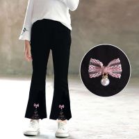 儿童加绒裤子女秋冬2020新款女童裤学生弹力显瘦喇叭裤女洋气外穿 [单裤]黑色花边粉色蝴蝶结 100 [90-100厘米