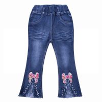 春秋女童喇叭裤小女孩牛仔喇叭裤春秋中大儿童阔腿裤女加绒牛仔裤 喇叭裤蝴蝶结 100