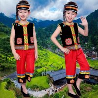 苗族儿童演出服少数民族男童葫芦丝表演服装壮族土家族彝族舞蹈服 短袖(如图 送头饰) 110