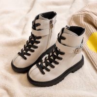 儿童马丁靴2021冬季新款男童棉鞋加绒大棉防滑女童雪地靴保暖鞋子 米白色 大棉靴 28码内长17cm