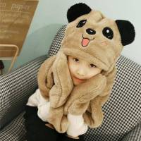 新款男女儿童帽子秋冬宝宝围巾亲子手套可爱保暖学生围脖护耳加厚 大眼睛熊猫卡其色 小码1-7岁围巾总长(180)CM