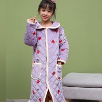 儿童睡袍男女童冬季法兰绒三层加厚夹棉浴袍长袍中小童小孩睡衣 水晶绒草莓紫色 10码[90-100CM]