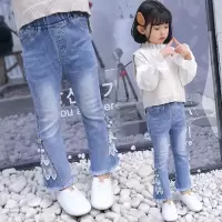 女童牛仔裤2020春季新款韩版时尚蕾丝微喇叭裤女孩弹力修身长裤潮 蕾丝喇叭裤 单裤 80码