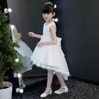 女童钢琴演出服小女孩婚纱洋气公主裙儿童秋季拖尾蓬蓬主持人礼服 白色 背心 100