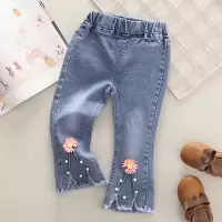 女宝宝牛仔裤时尚春秋款女童喇叭裤小童牛仔喇叭裤立体花型休闲装 蓝色 小雏菊款 80 建议80-85cm(可拆档)