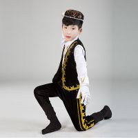 儿童民族演出服装维吾尔族回族表演服少数民族新疆舞男女童舞蹈服 黑色 送帽子鞋套 100cm