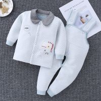 婴儿保暖衣套装春秋装纯棉加厚背带裤幼儿童宝宝内衣夹棉衣服冬季 波纹恐龙蓝色[偏大半码] 73码[1-4个月]