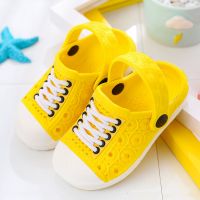 夏季儿童凉鞋拖鞋仿球鞋系带洞洞鞋防滑小孩宝宝男女童凉鞋沙滩鞋 黄色 20码(内长12.5cm)