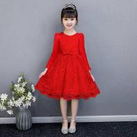 女童秋冬装儿童裙子2019超洋气公主儿童蓬蓬裙小女孩蕾丝裙中大童 红色长袖+腰带 秋款+项链 140