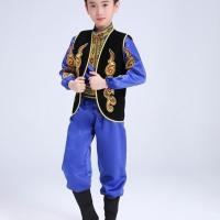 新疆舞蹈演出服儿童 女孩裙子少数民族新疆舞演出服装维吾尔族女 道奇蓝 如图男款 110 快货