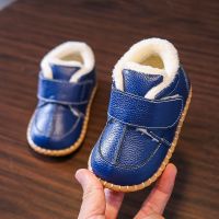 宝宝棉鞋冬季1-2岁加厚真皮男女婴儿棉鞋加绒学步鞋软底幼儿短靴 宝蓝色小熊底 内长12.0cm 16码以内长为准