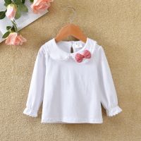 女童t恤春秋2021白色打底衫儿童女孩娃娃领上衣宝宝纯棉长袖体恤 白色娃娃长袖加格子蝴蝶结 73