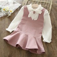[23.8限抢2000件]带领假两件条纹裙女童春款拼接连衣裙 粉色 90y(80-90cm)