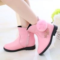 秋冬真女童短靴加毛二棉皮靴子棉鞋儿童鞋韩版中大童雪地靴马丁靴 实心底款粉色 27码内长16.7cm