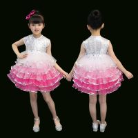 六一儿童蓬蓬裙表演服小荷风采女童幼儿园舞蹈演出服公主纱裙亮片 白渐变玫红色 100
