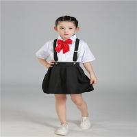 儿童背带裤演出服主持人礼服中学生大合唱服男女诗歌朗诵舞蹈服装 女款短袖+短裙+背带+红色蝴蝶结 110