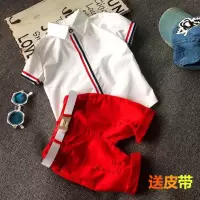 童装男童夏装短袖套装2021新款宝宝夏季衣服儿童T恤+中裤两件套潮 白衬衫+红中裤 送同款皮带 90码建议身高90cm