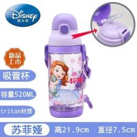 儿童背带吸管卡通水杯tritan 米奇米妮苏菲亚公主水杯防漏 紫色苏菲娅520ml[吸管+背带款]