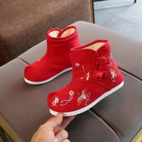 女童秋冬靴子古装汉服鞋儿童绣花鞋老北京布鞋民族风舞蹈雪地棉靴 仙鹤红色加绒 26码/内长约17cm