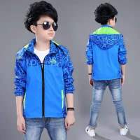 男童外套春秋2020新款儿童冲锋衣童装中大童长款男生小孩衣服洋气 字母薄款蓝色 120码建议身高1米1左右