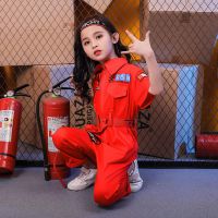 儿童架子鼓爵士嘻哈演出服女童走秀连体工装少儿街舞演出服装潮款 红色套装 110