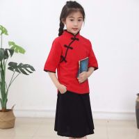 儿童民国学生装演出服中山装男女童五四青年装诗歌朗诵合唱服表演 红色女款短袖 100