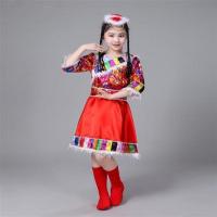 新款儿童藏族舞蹈服装演出服女童舞蹈服藏族水袖服饰少数民族 花短红色 100cm