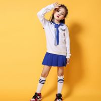 儿童啦啦操表演服小学生男女童班服运动会团体拉拉队演出服装长袖 5159蓝色长袖裙子套装+袜子 110