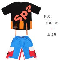 儿童架子鼓演出服中大童潮夏装男童帅气套装男孩街舞款松嘻哈服装 845短袖黑色+8843蓝色 110