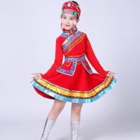 新款蒙古舞蹈演出服装女儿童少数民族鄂伦春族筷子舞顶碗舞服饰男 红色短款 110