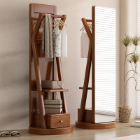 实木穿衣镜全身镜衣帽架多功能旋转挂衣储物收纳衣架落地镜子