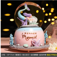 美人鱼公主水晶球雪花旋转音乐盒八音盒送女孩儿童生日三八节礼物 外旋转人鱼大号自动飘雪