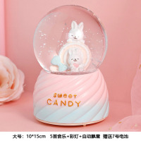 送女孩凯蒂猫咪雪花旋转带灯发光八音盒音乐盒水晶球创意生日礼物 玫红色 棒棒糖兔自动飘雪